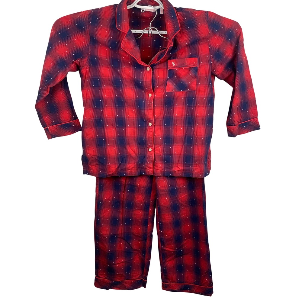 Y2K Victorias Secret Plaid‎ Pajama Set Cotton Red Blue Holiday Comfy Winter Med